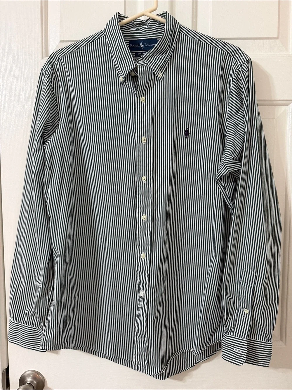 Polo Ralph Lauren Green/White Stripe Long Sleeve Button Up Shirt w/ Purple Pony
